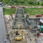 Overhead view of the temporary Bailey bridge framework beside the existing Carrefour bridge in Seberang Jaya, Penang.