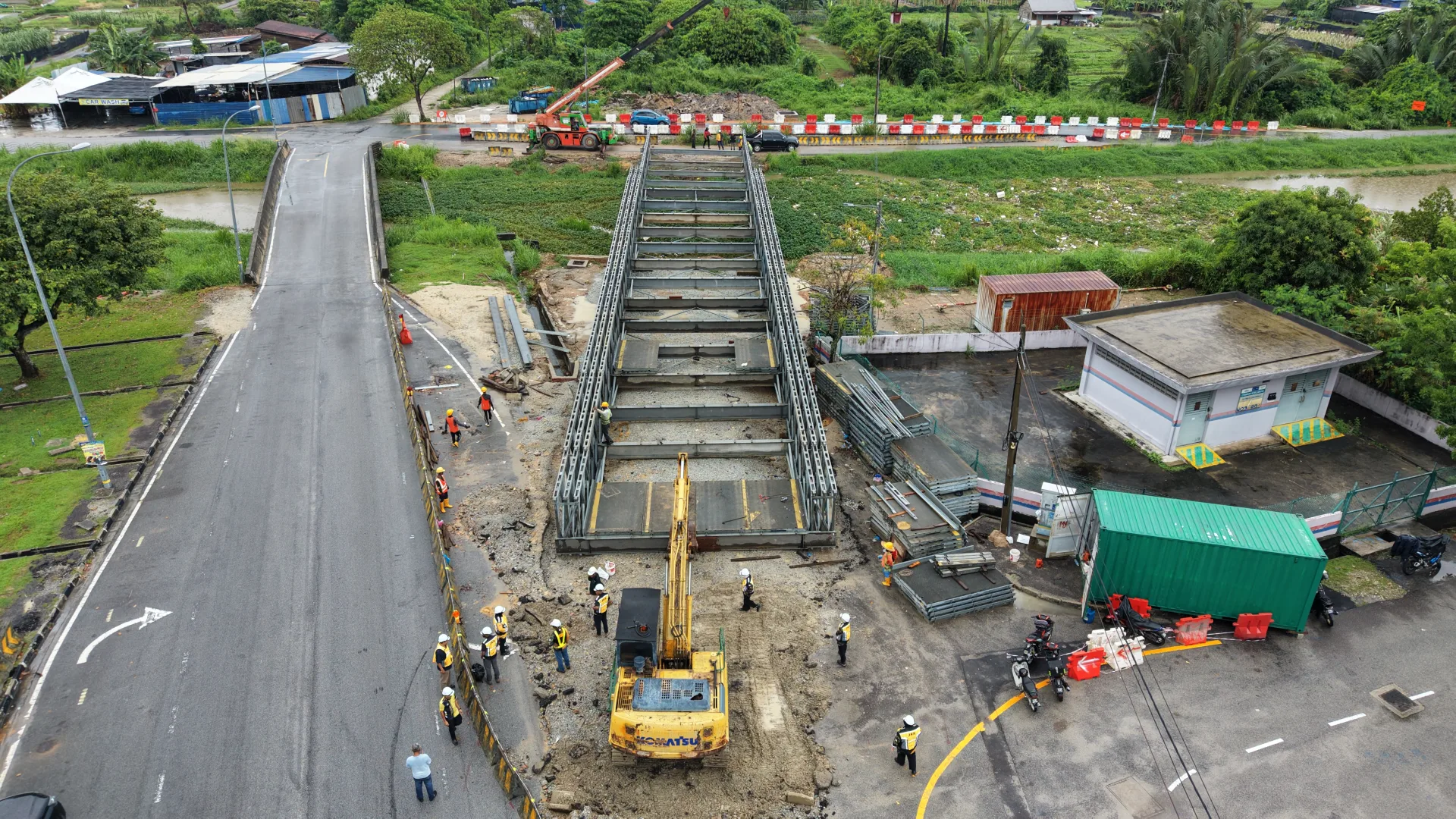 Overhead view of the temporary Bailey bridge framework beside the existing Carrefour bridge in Seberang Jaya, Penang.