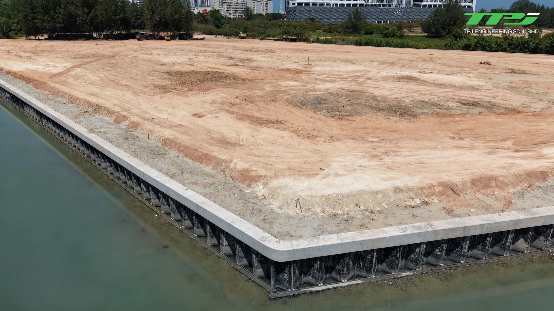 Completed sheet-pile perimeter and reclaimed platform at Water Body A, Gurney Bay