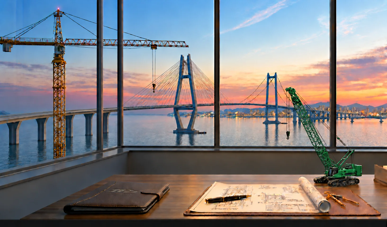Illustrated bridges at sunset with a green miniature crane on an engineering desk
